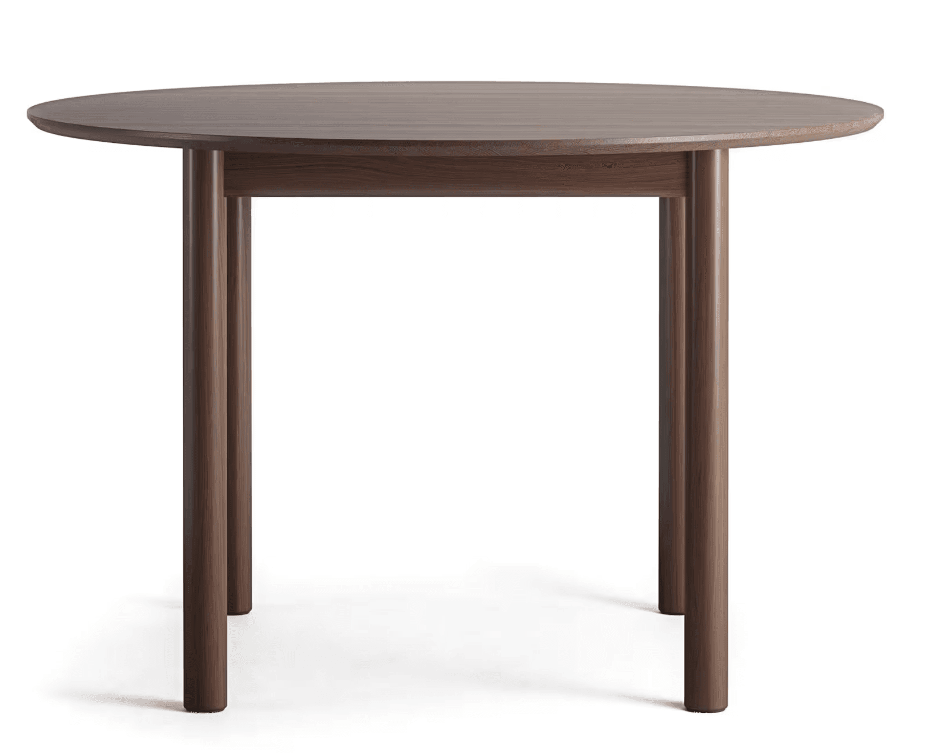 A minimalist round dining table featuring a dark brown wood finish. The table has a circular top and three sturdy, straight legs that are subtly angled for support, meeting at a central point underneath the tabletop. — 3D model