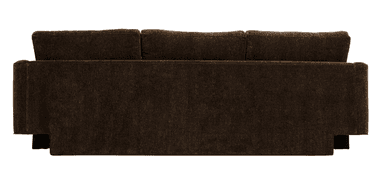 A contemporary three-seater sofa upholstered in a dark brown, textured fabric. It features straight, wide track arms, three individual seat cushions, and three matching back cushions. The base of the sofa appears recessed, giving it a slightly floating or streamlined aesthetic. — 3D model