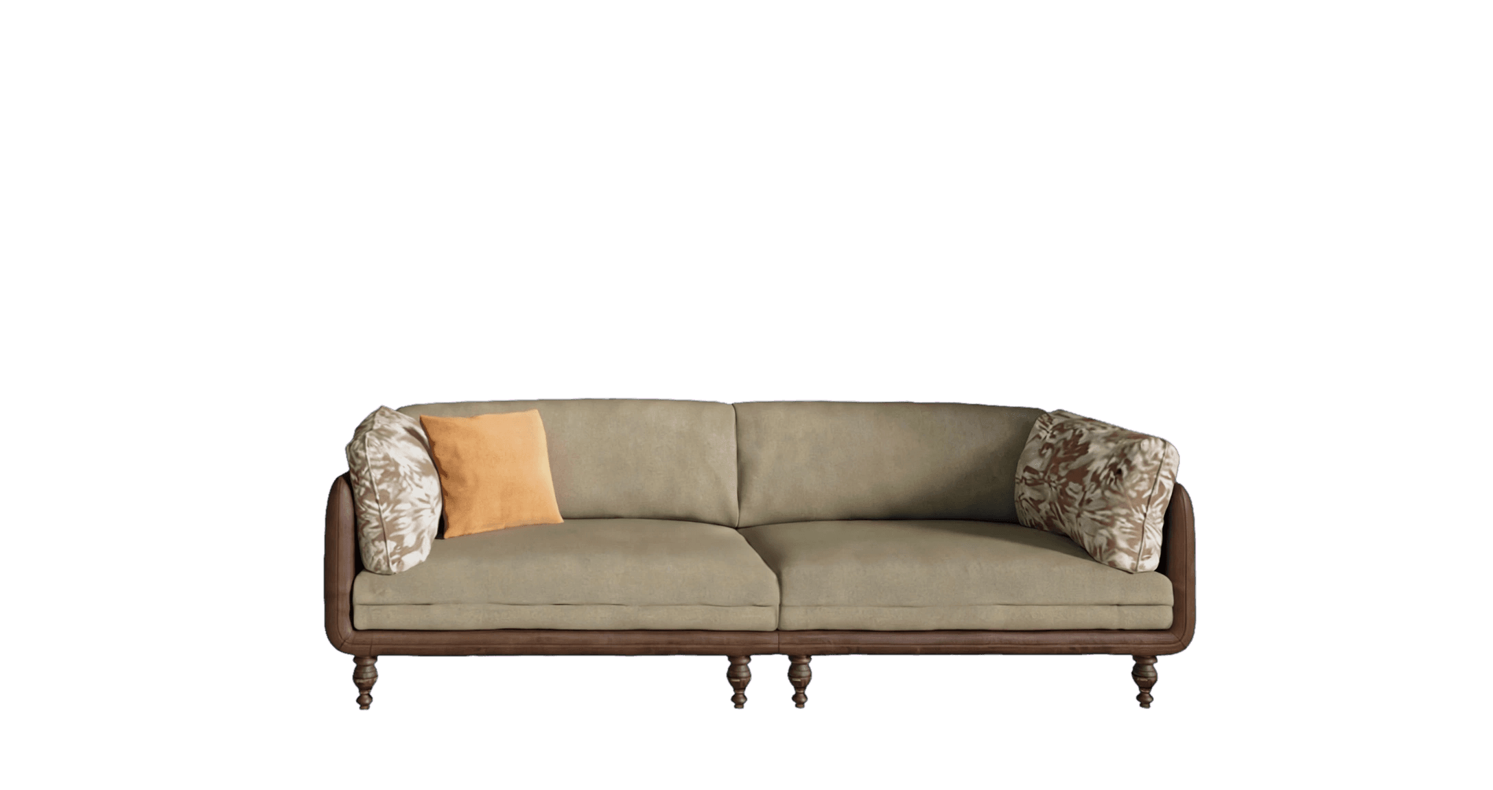 A two-seater upholstered sofa featuring an exposed dark wooden frame. The sofa includes two seat cushions and two back cushions, upholstered in a neutral taupe fabric. The armrests are integrated into the wooden frame with a gentle roll, and the sofa stands on four turned wooden legs. Two decorative throw pillows, one orange and one with a floral pattern, are placed on the sofa. — 3D model