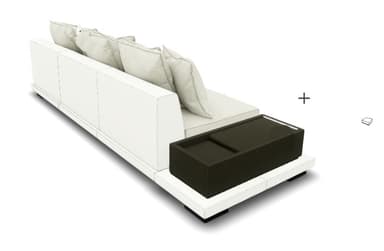A contemporary, low-profile sofa with a modular design. It features a white base frame and a large, flat seat cushion. Several rectangular, off-white throw pillows are arranged against the back. A dark brown, rectangular side table is attached to the left side of the sofa. The overall aesthetic suggests an outdoor or lounge setting. — 3D model
