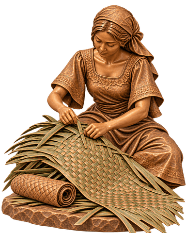 A detailed, figurative sculpture of a woman in traditional attire, viewed from the back, actively weaving palm leaves. The sculpture is predominantly carved from a material resembling wood, with intricate textures replicating fabric on her dress and headscarf. The palm leaves being woven are rendered in a slightly different hue, suggesting distinct material or finish, and the base also features a carved pattern. — 3D model