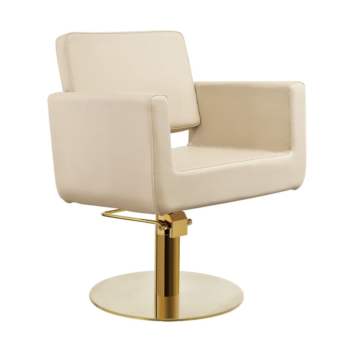 A cream-colored upholstered styling chair featuring a hydraulic lift mechanism and a polished gold-toned circular base. The chair has a modern design with square armrests and a separate back cushion. — 3D model