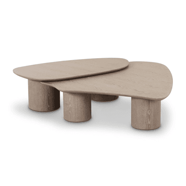 A modern coffee table set featuring two overlapping, organic-shaped tables with cylindrical bases, crafted from light-toned wood with visible grain. — 3D model