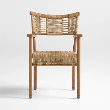 A contemporary dining chair featuring a solid light wood frame and natural woven rope for both the seat and backrest. The chair has a straightforward design with four straight, subtly tapered legs and a slightly curved backrest top rail. The weaving pattern on the seat is a tighter, denser mesh, while the backrest uses a combination of horizontal and vertical woven bands, exposing parts of the wooden frame. — 3D model