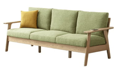 A modern three-seater sofa featuring a light green fabric upholstery and a prominent exposed light-toned wooden frame. It includes three individual seat cushions and three back cushions, with wide, flat wooden armrests and subtly splayed legs. A single yellow accent pillow is visible on the left side. — 3D model