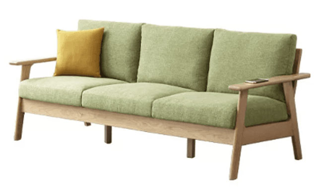 A modern three-seater sofa featuring a light green fabric upholstery and a prominent exposed light-toned wooden frame. It includes three individual seat cushions and three back cushions, with wide, flat wooden armrests and subtly splayed legs. A single yellow accent pillow is visible on the left side. — 3D model