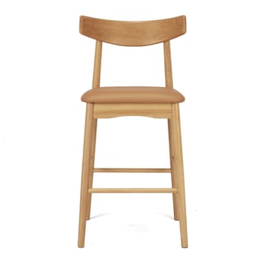 A modern bar stool featuring a light oak wood frame, a gently curved backrest, and a tan leatherette padded seat. It is designed with integrated footrests and straight, round tapered legs. — 3D model
