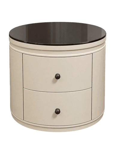 A round, cylindrical nightstand with a dark glass top and two curved drawers, finished in a light beige or off-white color, with dark spherical drawer pulls. — 3D model
