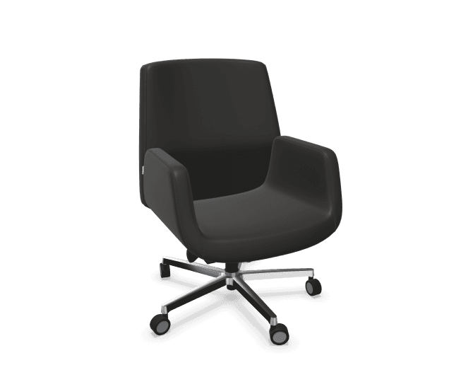A modern black upholstered office chair featuring a deep, contoured seat and integrated armrests. It is supported by a five-star chrome or polished aluminum swivel base with casters for mobility. The design is sleek and minimalist, suitable for a contemporary office or meeting space. — 3D model