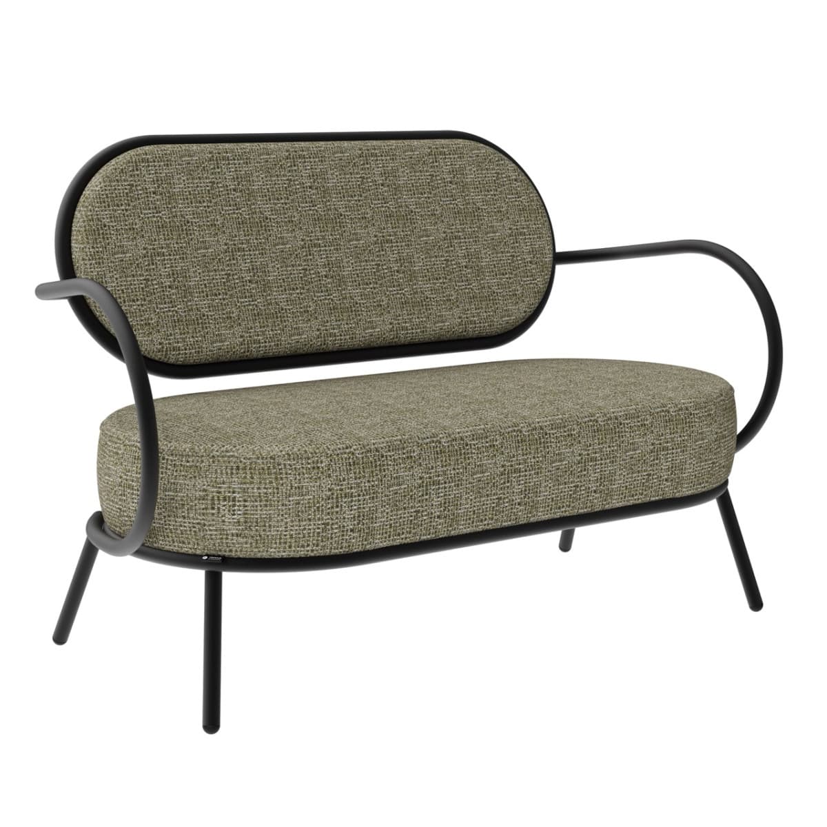 A modern sofa with a rounded backrest and seat, featuring a black metal frame and upholstered in a textured fabric. The frame has a continuous loop design forming the armrests and extending to the legs, which are slim and angled. — 3D model