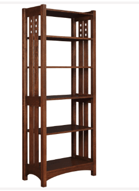 A tall, five-tier open wooden bookshelf in the Arts and Crafts/Mission style. It features sturdy vertical supports with decorative slat and square cutout details on the sides. The shelves are fixed, and the unit is constructed from a dark-stained wood, giving it a classic and robust appearance. The base has a slight arch. — 3D model