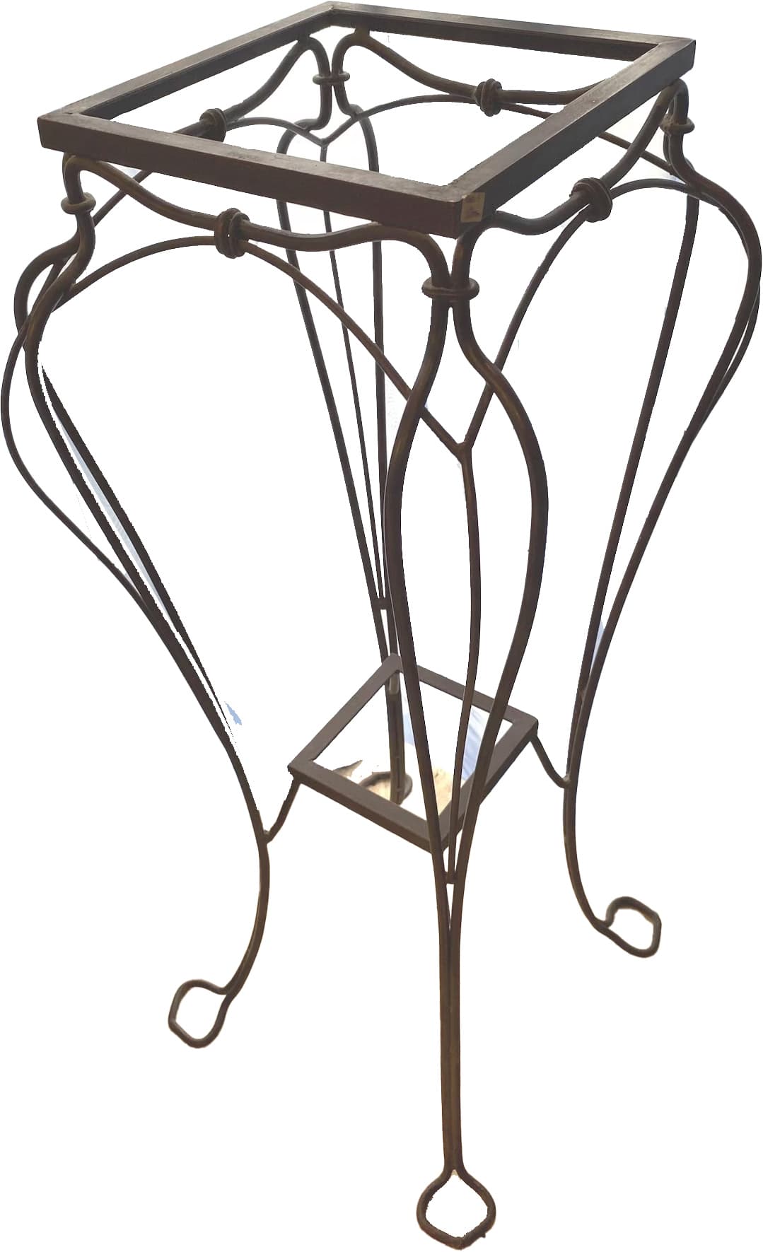 A tall, ornate display stand constructed from dark wrought iron with two square, frosted glass surfaces. The frame features intricate scrollwork and twisted metal details, forming elegant, flowing legs and supports. The stand has a primary square top shelf and a smaller square lower shelf, both fitted with glass inserts. The iron frame has a dark, possibly aged bronze or black finish. — 3D model