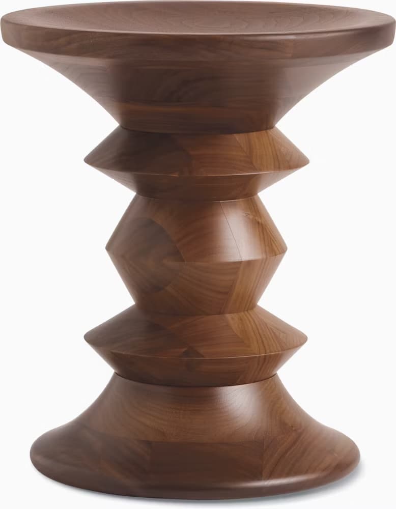 A finely crafted, dark brown wooden stool with a distinctive hourglass and segmented design, often used as an accent piece or side table. — 3D model