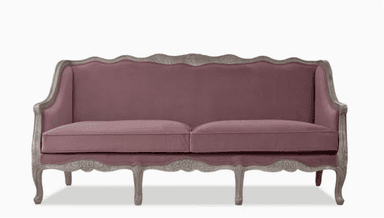 A French Provincial style loveseat featuring a carved wooden frame with a distressed finish and mauve fabric upholstery, designed to seat two people. — 3D model