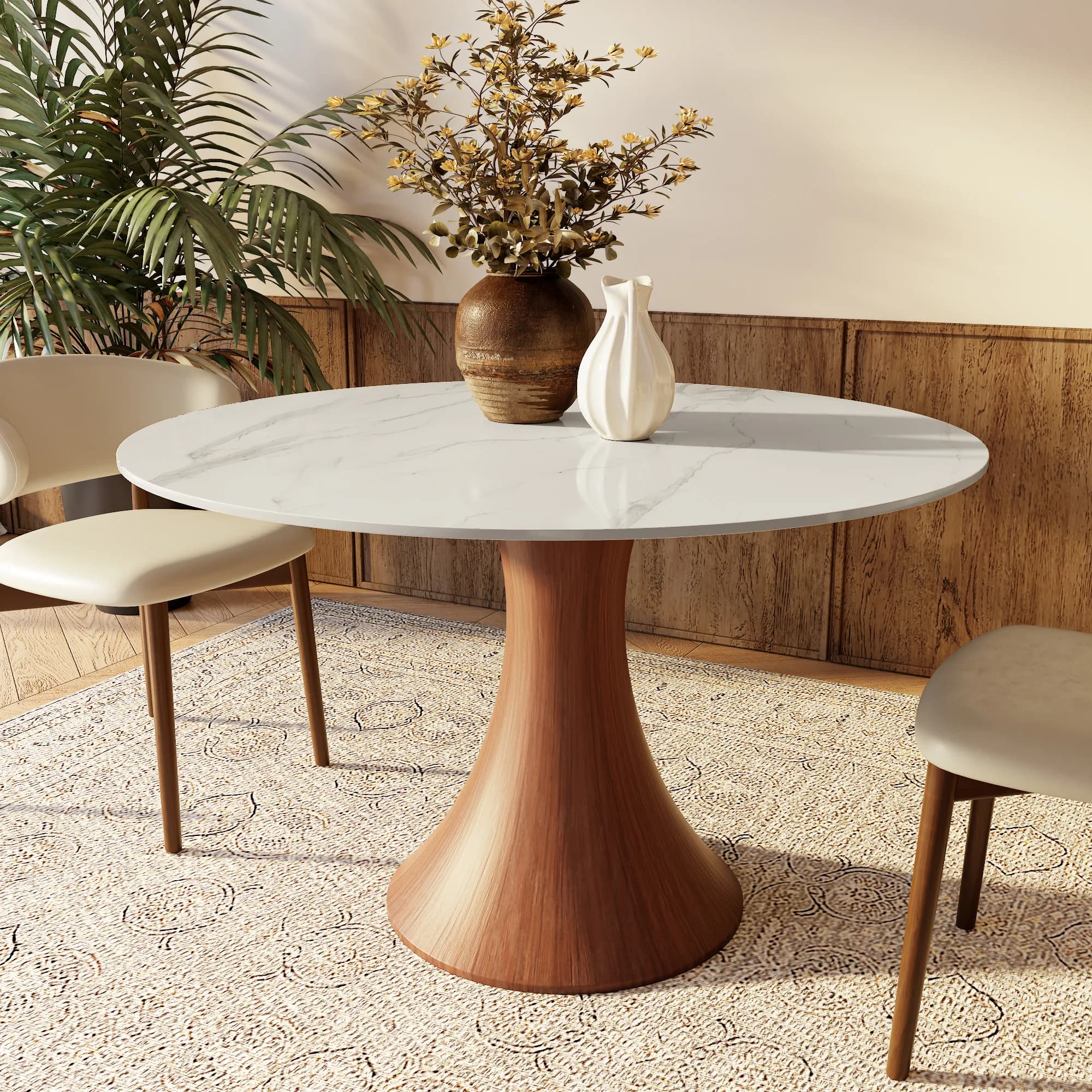 A modern round dining table featuring a white tabletop with grey veining, designed to resemble marble. The tabletop rests upon a single, tapered pedestal base made of wood with a warm brown finish. The base gracefully widens towards the bottom for enhanced stability, contributing to the table's sleek and minimalist silhouette. The item is presented against a plain white background, highlighting its design. — 3D model