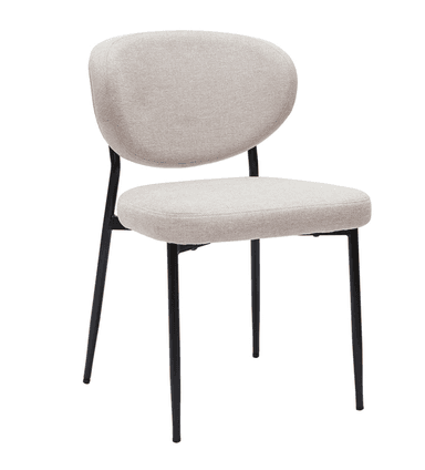An armless dining chair featuring a curved, upholstered backrest and a complementary upholstered seat. The chair stands on four slender, tapered black metal legs, giving it a minimalist and modern aesthetic. The upholstery is a light beige or off-white fabric. — 3D model