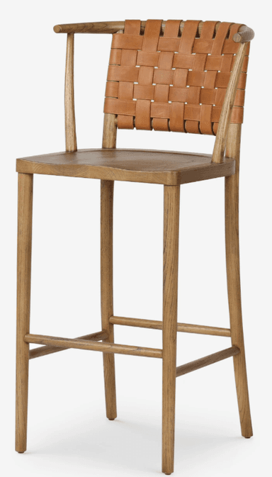 A bar stool with a wooden frame and a woven leather backrest and seat. The frame consists of four legs connected by stretchers, a wooden seat, and a curved backrest with armrests. The backrest is constructed from horizontally and vertically woven leather straps. — 3D model
