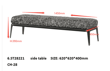 A modern upholstered bench featuring a rectangular, padded seat covered in a textured grey and black fabric. The bench is supported by a minimalist, dark-finished metal frame with sleek, tapered legs. Its design emphasizes clean lines and a contemporary aesthetic. — 3D model