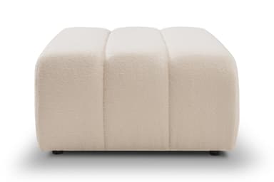 A rectangular ottoman with rounded edges.  The ottoman appears to be upholstered in a thick, plush, off-white or cream-colored fabric with a slightly textured surface, suggesting a bouclé or similar material.  Small, dark-colored feet are visible at the bottom. The overall shape is relatively low and wide. — 3D model