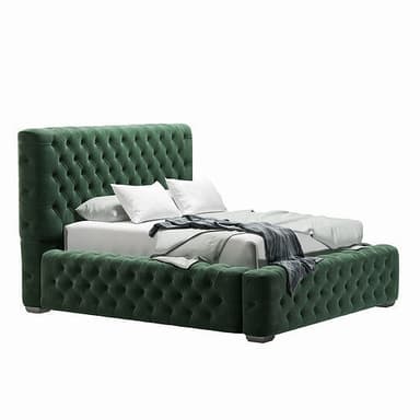 A tufted upholstered bed frame with a high headboard and a matching footboard. The upholstery features deep button tufting across the entire surface of the headboard and the side rails and footboard. The bed is dressed with white bedding and a dark grey throw blanket. — 3D model