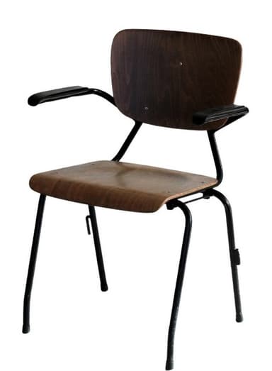 A vintage armchair with a bentwood seat and backrest. The frame and legs are made of black metal tubing, and it features black armrest pads. The seat and backrest show a visible wood grain pattern, suggesting a plywood or laminate construction. — 3D model