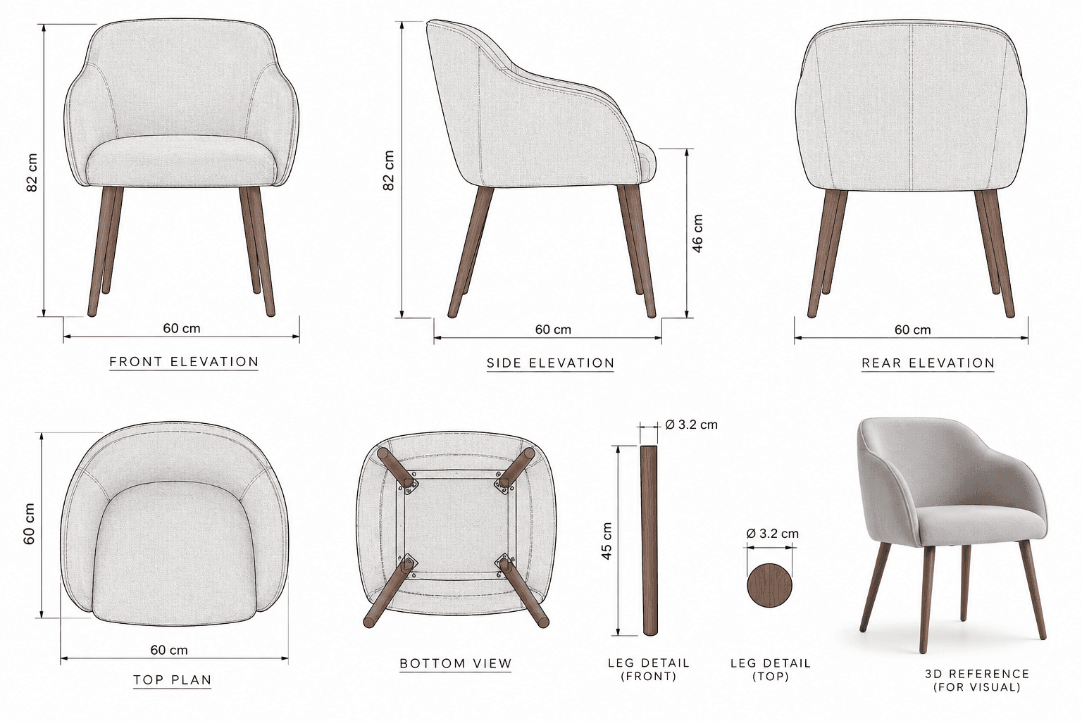 A contemporary upholstered dining armchair featuring a compact design with a rounded back and integrated armrests. The chair is supported by four tapered wooden legs that splay slightly outwards. The upholstery appears to be a light-colored fabric, possibly linen or a similar textile, with visible stitching details. The overall dimensions are 60 cm wide, 60 cm deep, and 82 cm high, with a seat height of 46 cm. — 3D model