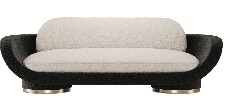 A contemporary two-seater loveseat featuring a striking two-tone design. The outer frame, including the integrated arms and back, is upholstered in a dark, textured fabric, possibly black or dark charcoal. The separate seat and back cushions are upholstered in a lighter, off-white boucle-style fabric. The loveseat is supported by two distinct, cylindrical or disk-shaped bases finished in polished brass. — 3D model