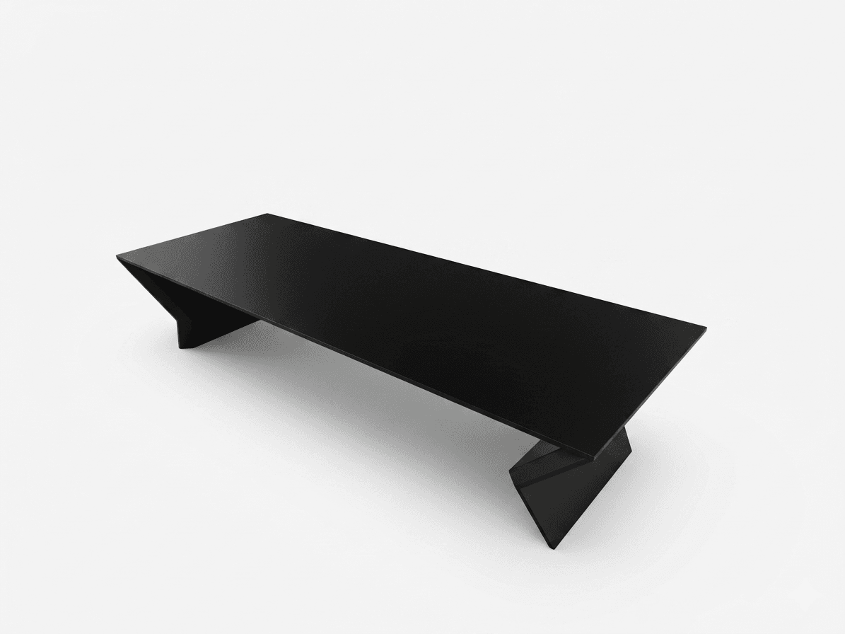 A minimalist, low-profile coffee table with a rectangular, matte black top and unique, angular black bases. The table exhibits a modern or contemporary design, characterized by its sharp lines and geometric form. — 3D model