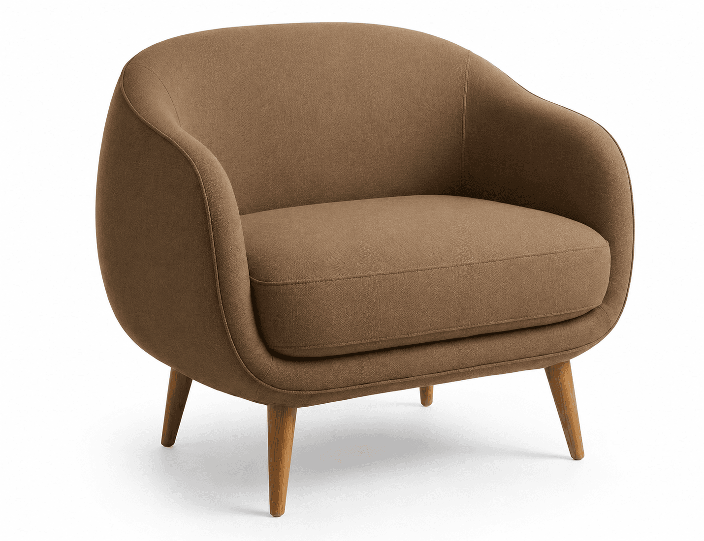 A contemporary accent chair featuring a rounded, barrel-like silhouette upholstered in a textured brown fabric. The chair has integrated arms and back, forming a continuous curved shape. It rests on four slender, tapered wooden legs that splay slightly outwards. A single, removable seat cushion provides comfort, and the overall design suggests a blend of modern and mid-century aesthetic influences. — 3D model