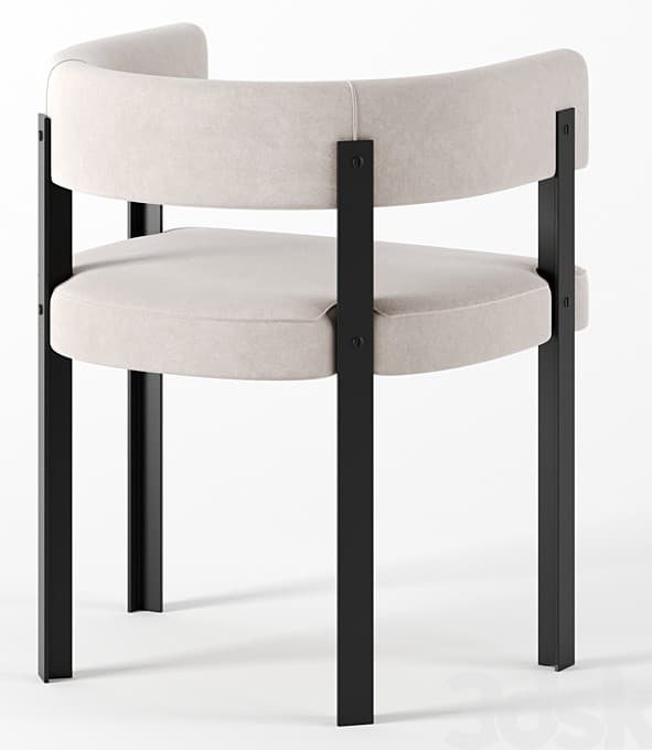 A modern armchair with a curved backrest and a circular seat, supported by a black metal frame. The upholstery is a light, neutral color, possibly beige or off-white, with a textured finish. The frame consists of four slender, angular legs connected to the seat and backrest supports. The design exhibits a minimalist aesthetic. — 3D model