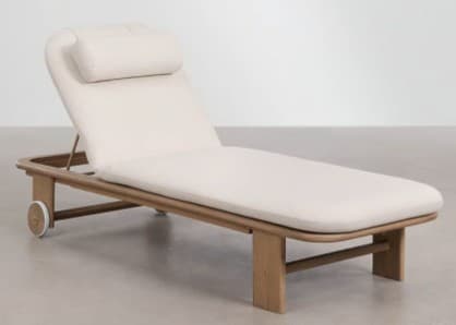A modern chaise lounge featuring a light-toned wooden frame, an adjustable backrest, and wheels for mobility. It is upholstered with a thick, off-white cushion and includes a matching cylindrical headrest pillow. — 3D model