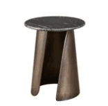 A contemporary accent table featuring a dark, round marble top and a unique bronze-toned metal base with a sculptural, curved design. — 3D model