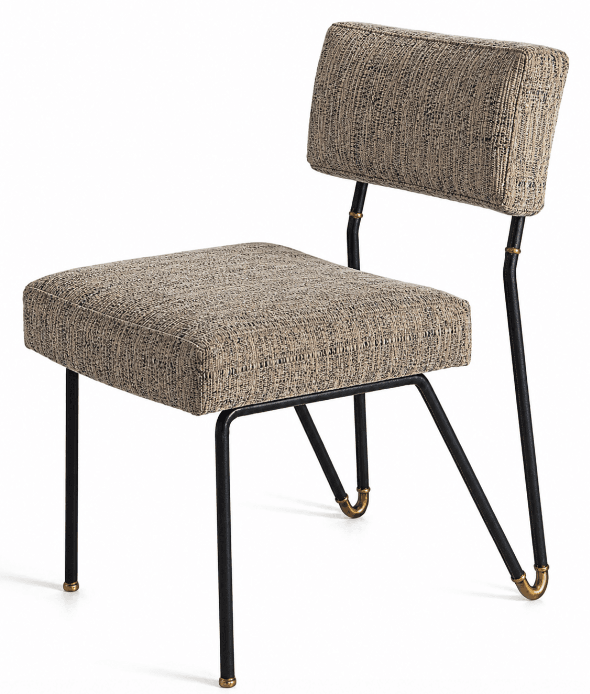 A mid-century modern side chair with a square upholstered seat and a rectangular upholstered backrest. The frame is constructed from thin black metal rods with a slightly curved design, terminating in brass caps at the feet and connecting to the backrest. The upholstery has a textured weave in neutral tones. — 3D model