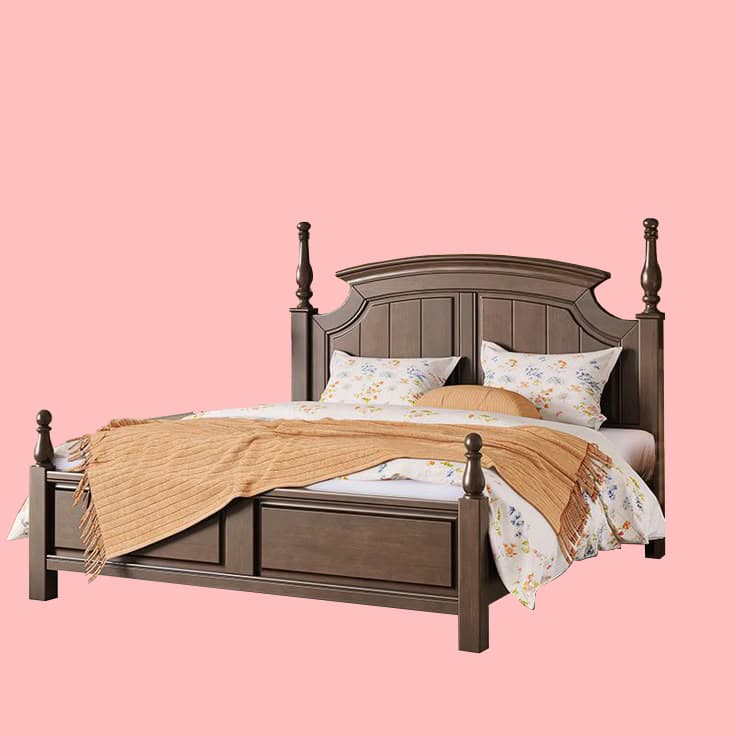 A wooden four-poster bed with a headboard featuring vertical paneling and a curved top. The bed frame has two built-in drawers on the front. It is dressed with bedding, including floral patterned pillows and a textured throw blanket. — 3D model