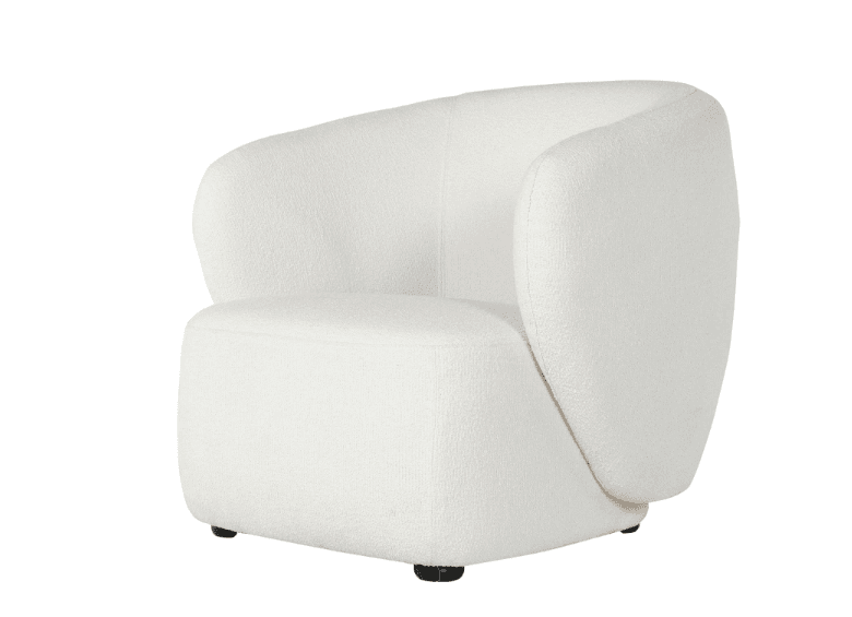 A plush, cream-colored armchair with a rounded, organic silhouette. The chair features a low profile, a generously sized seat, and a curved backrest that wraps around the sides, creating a semi-enclosed feel. The upholstery appears to be a textured boucle fabric. The chair is supported by small, dark feet that are barely visible. — 3D model