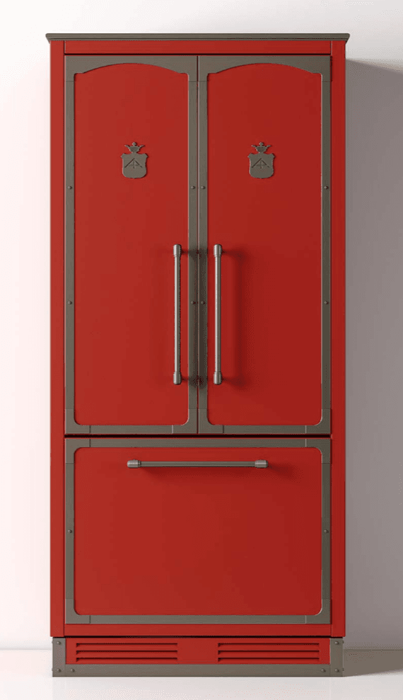A red refrigerator with a silver trim. The top section has two doors with ornate crests on each door and dual silver handles. Below the doors is a single drawer with a silver handle. The bottom of the unit features a silver vent with horizontal slats. The overall design appears to be retro or vintage-inspired. — 3D model