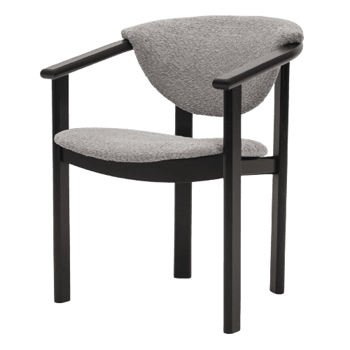 A contemporary armchair with a curved backrest and a seat upholstered in a textured light gray fabric. The frame, including the legs and armrests, is constructed from dark material, likely wood or metal, with a matte finish. The design is minimalist and ergonomic, offering a comfortable seating experience. — 3D model
