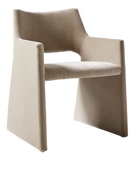 A contemporary armchair with a distinctive geometric silhouette. The chair features a fully upholstered frame with a soft, textured fabric covering the seat, back, and armrests. The legs are integrated into the design, forming solid, angular supports that extend from the base of the seat. — 3D model