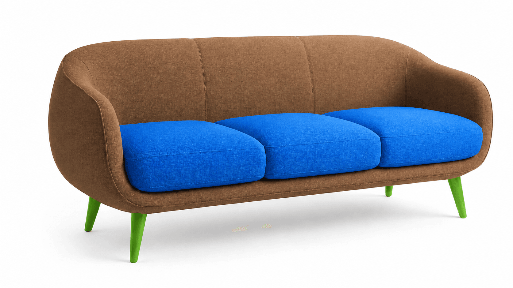 A modern three-seater sofa featuring a rounded profile, upholstered in a contrasting two-tone fabric with vibrant lime green tapered legs. — 3D model