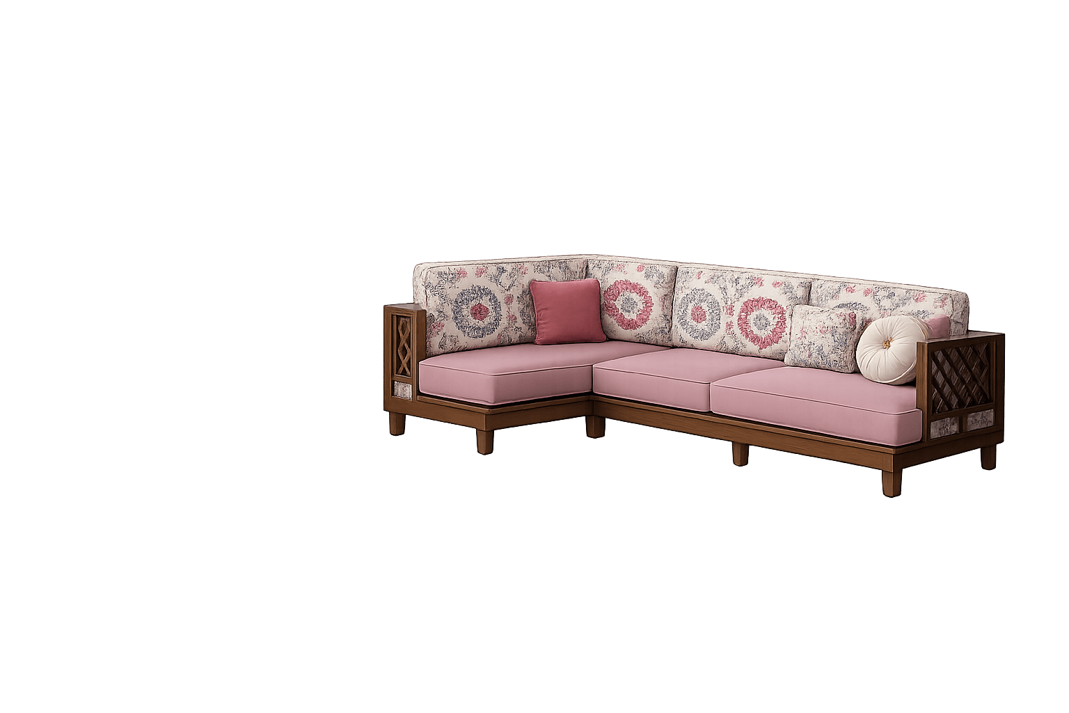 A sectional sofa with a wooden frame and upholstered cushions. The sofa features a L-shaped configuration, with a primary seat section and a return section. The frame appears to be made of wood with a visible grain. Decorative lattice work is present on the side panels of the arms. The cushions are upholstered in two contrasting fabrics: the seat cushions are a solid pastel pink, while the back cushions have a floral pattern in shades of pink, grey, and white. Several throw pillows are also present, including a solid pink square pillow and a round, tufted cream-colored pillow. — 3D model