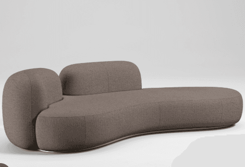 A contemporary, modular sofa with a unique, organic, and curved design. It features rounded forms and appears to be upholstered in a soft fabric. The sofa has a low profile and an integrated chaise lounge section on the right side. A subtle metallic base or trim is visible along the bottom curve. — 3D model