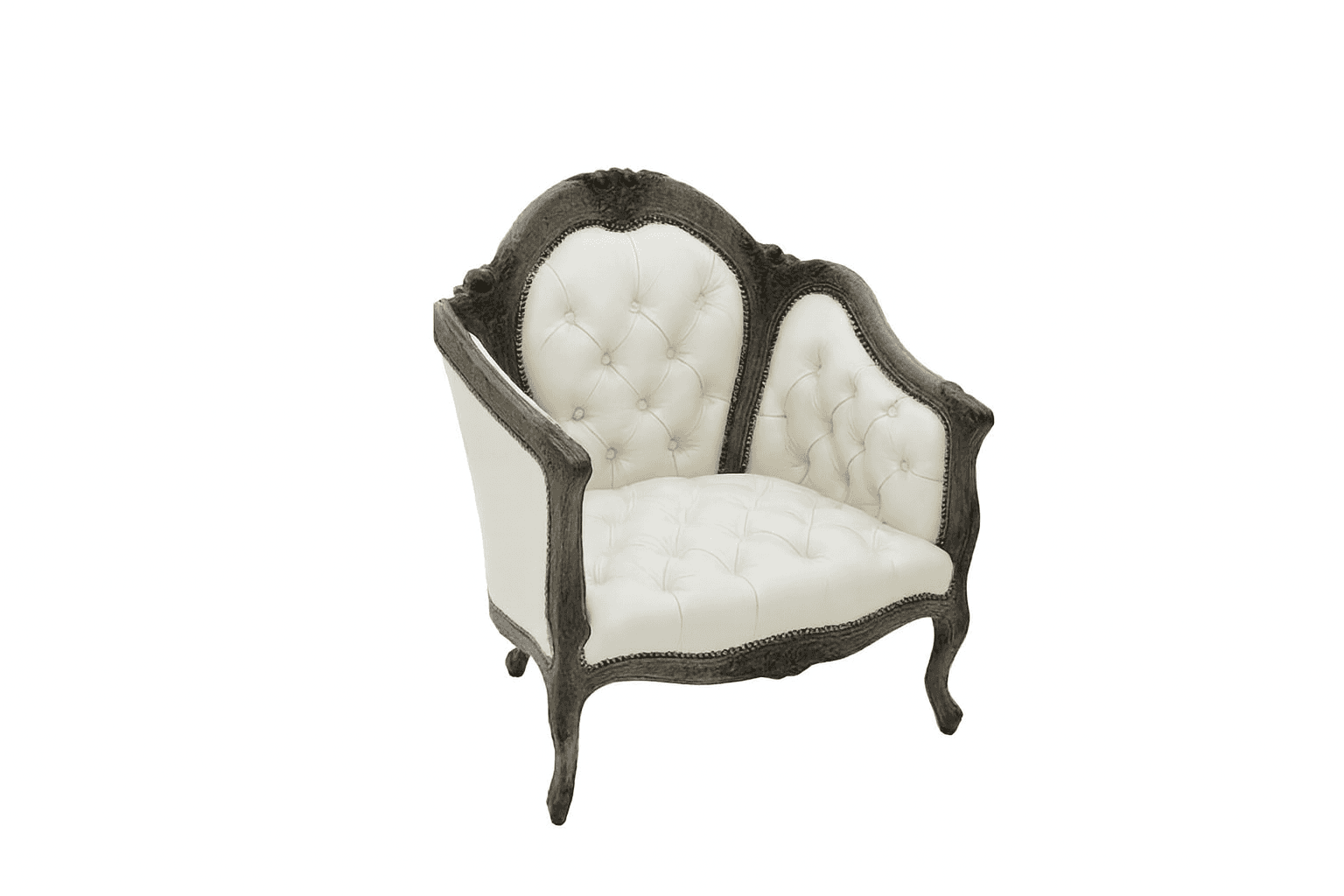 A white upholstered armchair with a dark, ornate wooden frame. The upholstery features button tufting on the seat, backrest, and armrests. The wooden frame has a carved, scrolled design and is finished in a distressed dark tone. The chair has cabriole legs. — 3D model