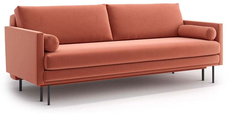 A contemporary three-seater sofa upholstered in a coral-toned velvet fabric. It features a streamlined design with straight arms, a low profile frame, and a set of two square back cushions. A cylindrical bolster pillow is positioned on the left armrest. The sofa is supported by slim, matte black metal legs. — 3D model