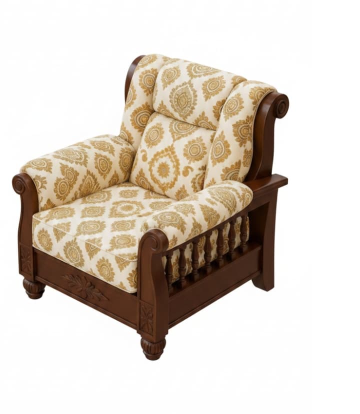 The item is a richly detailed armchair, featuring a robust dark wood frame with ornate carvings and generously padded cushions upholstered in a distinctive patterned fabric. — 3D model