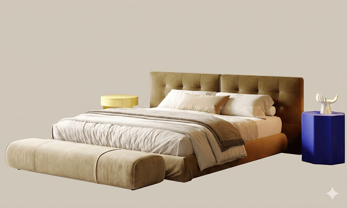 A contemporary upholstered bed with a tufted headboard and a matching foot-end bench. The bed frame is low-profile and upholstered in a textured fabric. It is dressed with white bedding, a throw blanket, and several pillows. A yellow cylindrical nightstand is positioned to the left of the bed, and a blue hexagonal side table with a white hand-shaped sculpture is to the right. — 3D model