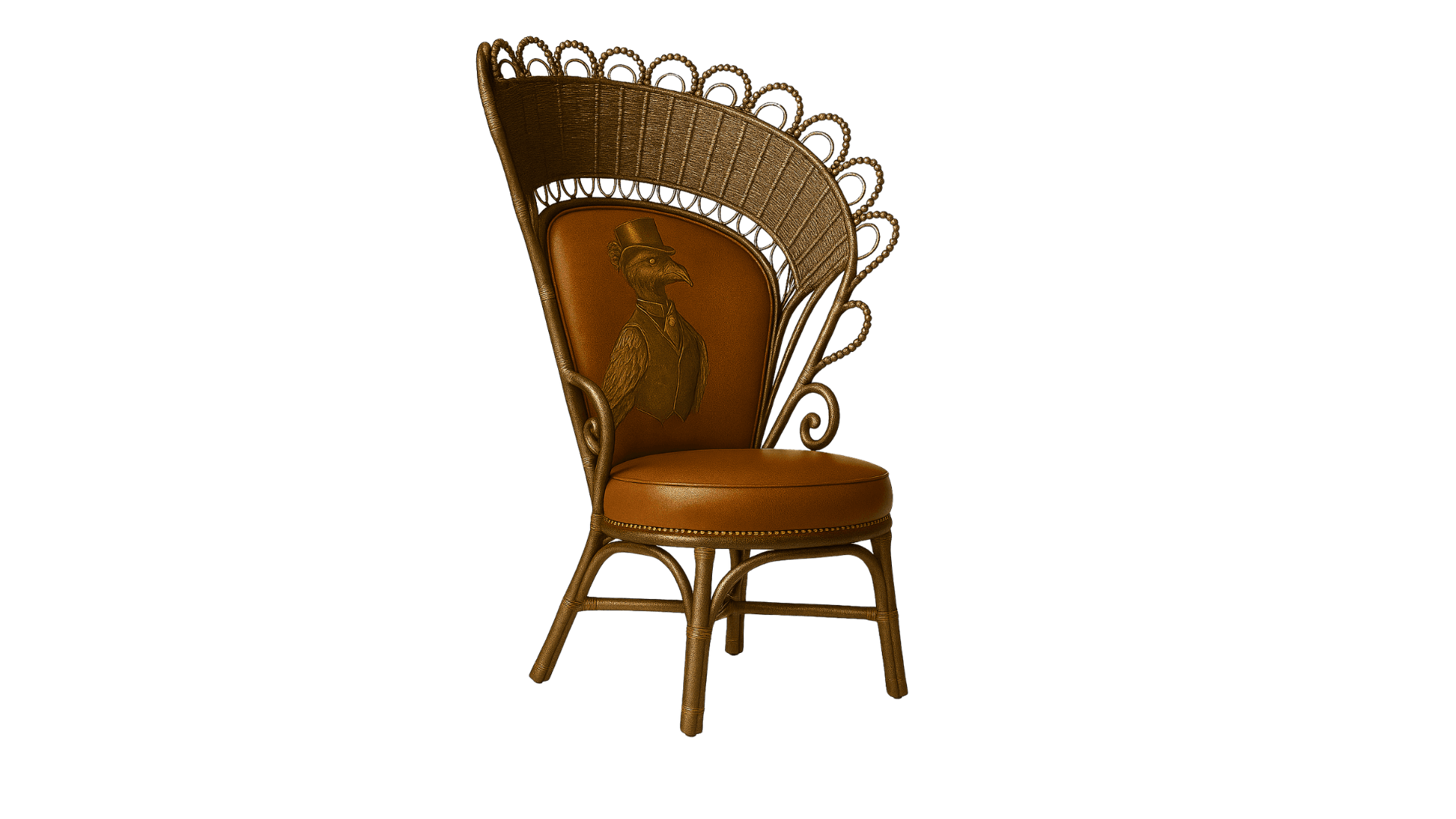 A peacock chair with a high, fan-shaped back made of woven material, adorned with decorative beadwork along the top edge. The seat and backrest are upholstered in a tan leather-like material. The backrest features a prominent embossed or carved image of a bird in a top hat and waistcoat. The frame and legs appear to be made of rattan or cane, with a curved, decorative style. — 3D model
