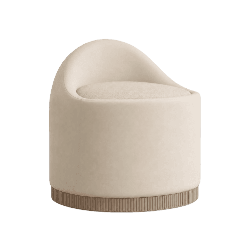 A contemporary, round upholstered accent chair featuring a plush cream-colored fabric and an integrated low, curved backrest. The base is distinguished by a fluted, light-toned wooden or wood-effect design, providing textural contrast to the smooth upholstery. — 3D model