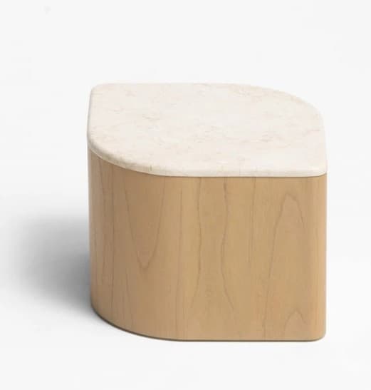 A contemporary side table with a curved wooden base and a stone top. The table has a rounded rectangular shape with one corner cut off diagonally. The base appears to be made of a light-colored wood with a visible grain pattern. The top is a light-colored stone, possibly marble or travertine, with natural veining. The overall design is minimalist and modern. — 3D model