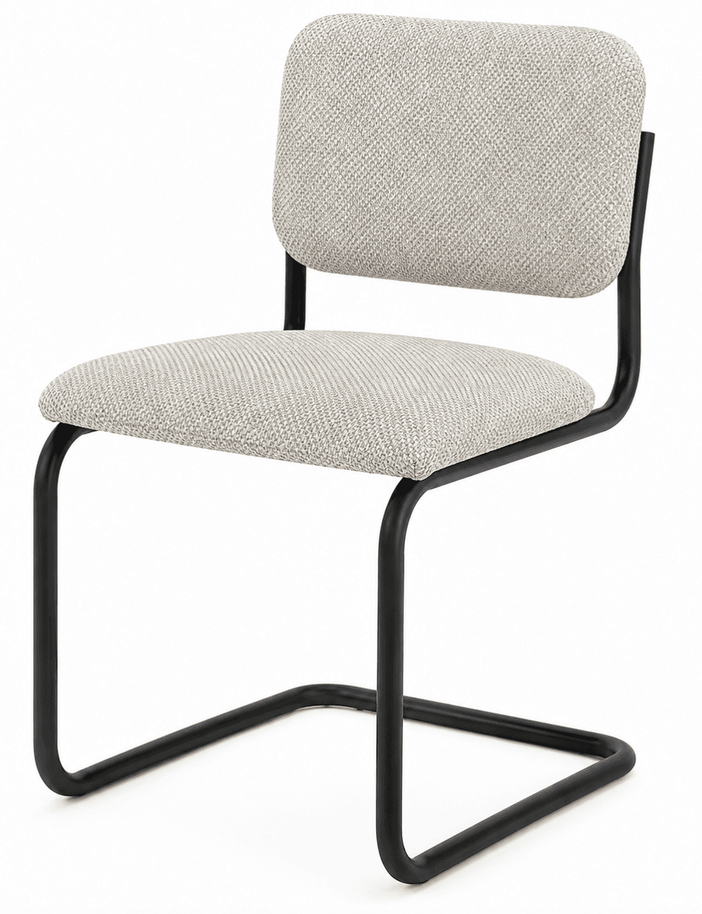 A modern armless chair featuring a distinctive cantilever frame crafted from tubular black metal. The seat and backrest are upholstered in a light grey or beige textured fabric, providing a soft contrast to the rigid frame. Both the seat and back are rectangular with subtly rounded corners, offering a clean, minimalist aesthetic. The chair's design allows for slight flex, common with cantilever construction, enhancing comfort. — 3D model