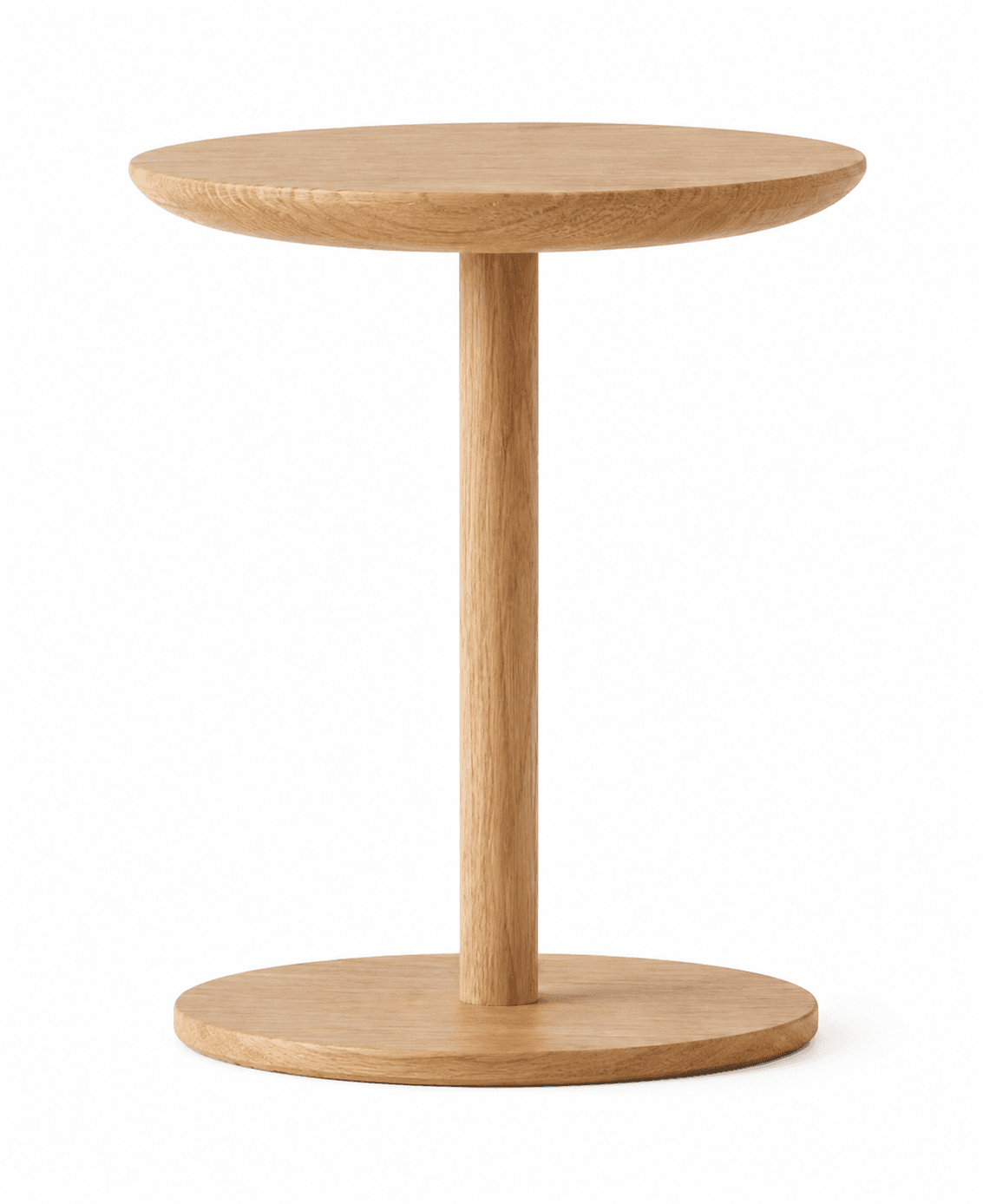 A minimalist side table with a circular top and a circular base, both supported by a single cylindrical leg. The overall design emphasizes clean lines and natural material. The tabletop has a slightly beveled edge. — 3D model